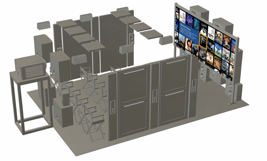 3D-illustrasjon av høyttaleroppsettet i Alcons Sound Room 9