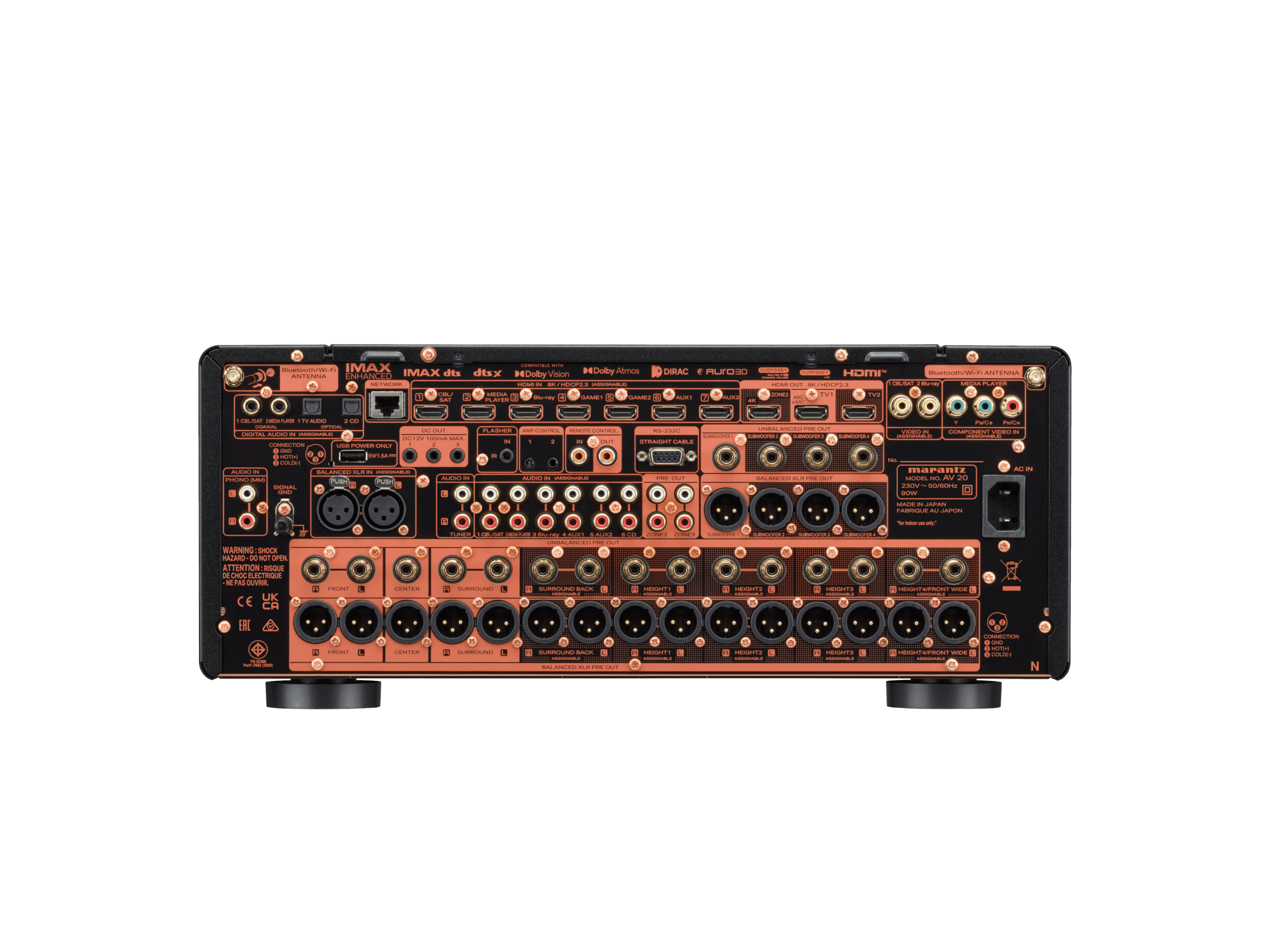 Bakpanelet på Marantz AV 20 med XLR- og RCA-pre-outs