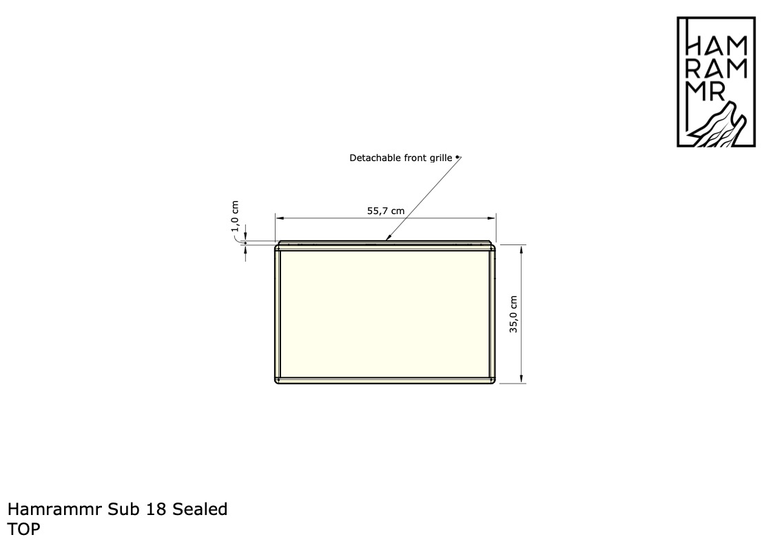 Måltegning av Hamrammr Sealed Sub 18 sett ovenfra, 55,7 cm bredde og 35 cm dybde