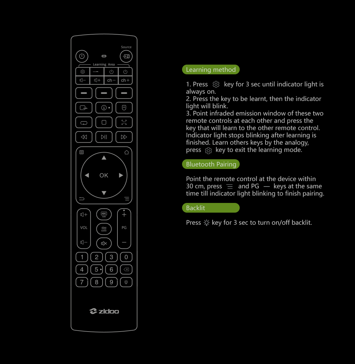 Instruksjoner for Bluetooth-paring, IR-læring og bakgrunnsbelysning på Zidoo V12
