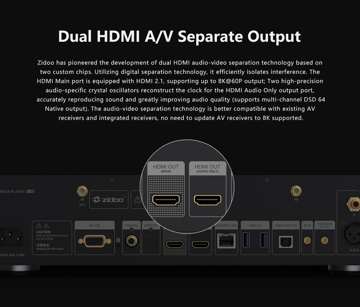 Separate HDMI-utganger for bilde og lyd på Zidoo UHD8000