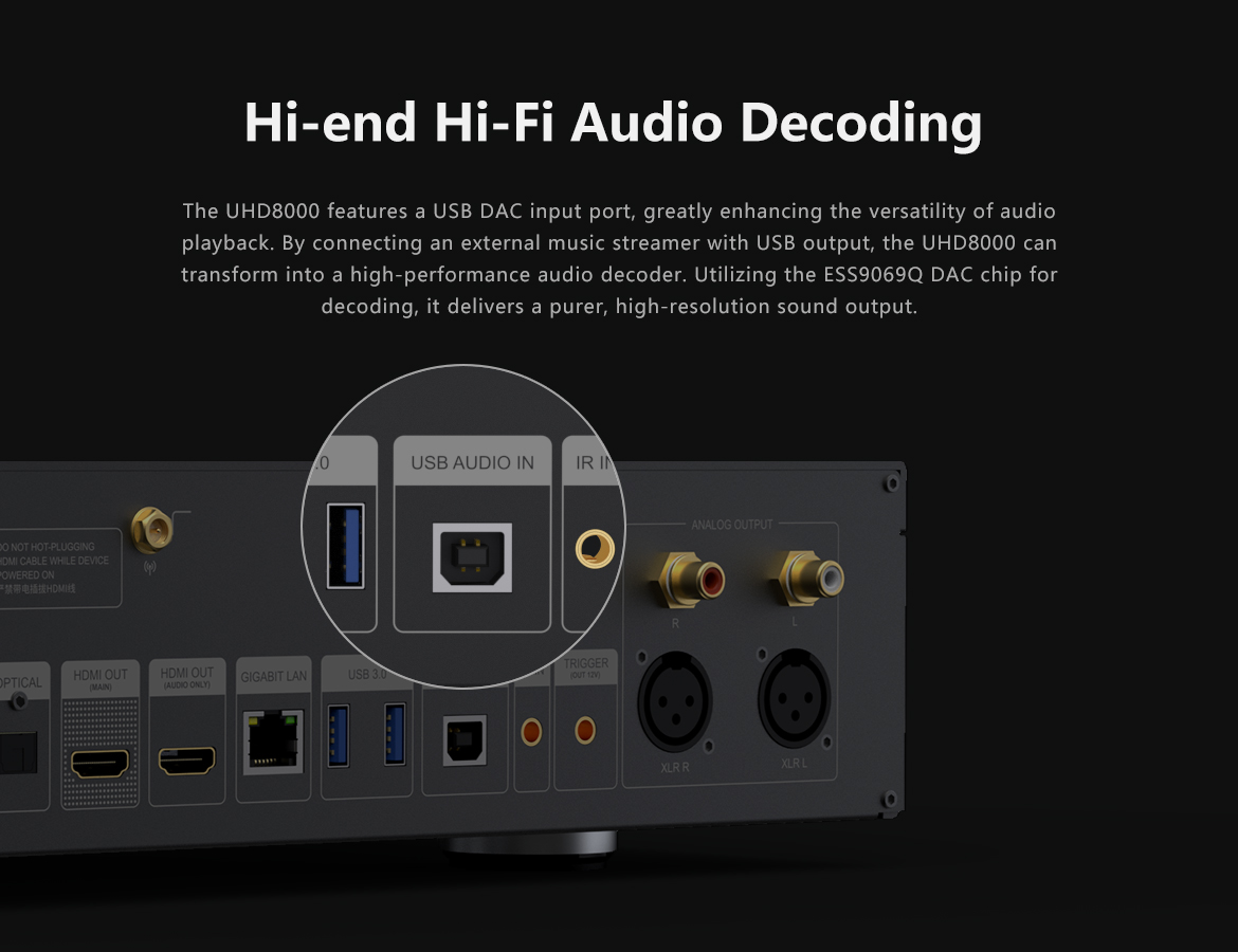 USB DAC-inngang og analoge utganger på Zidoo UHD8000