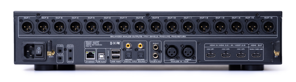 miniDSP TIDE16 bakpanel med 16 XLR-utganger, tre HDMI-innganger, USB og analoge innganger