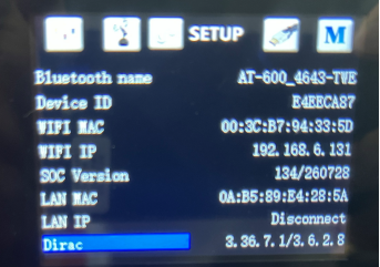Versjonsskjerm med Dirac 3.36.7.1 og 3.6.2.8