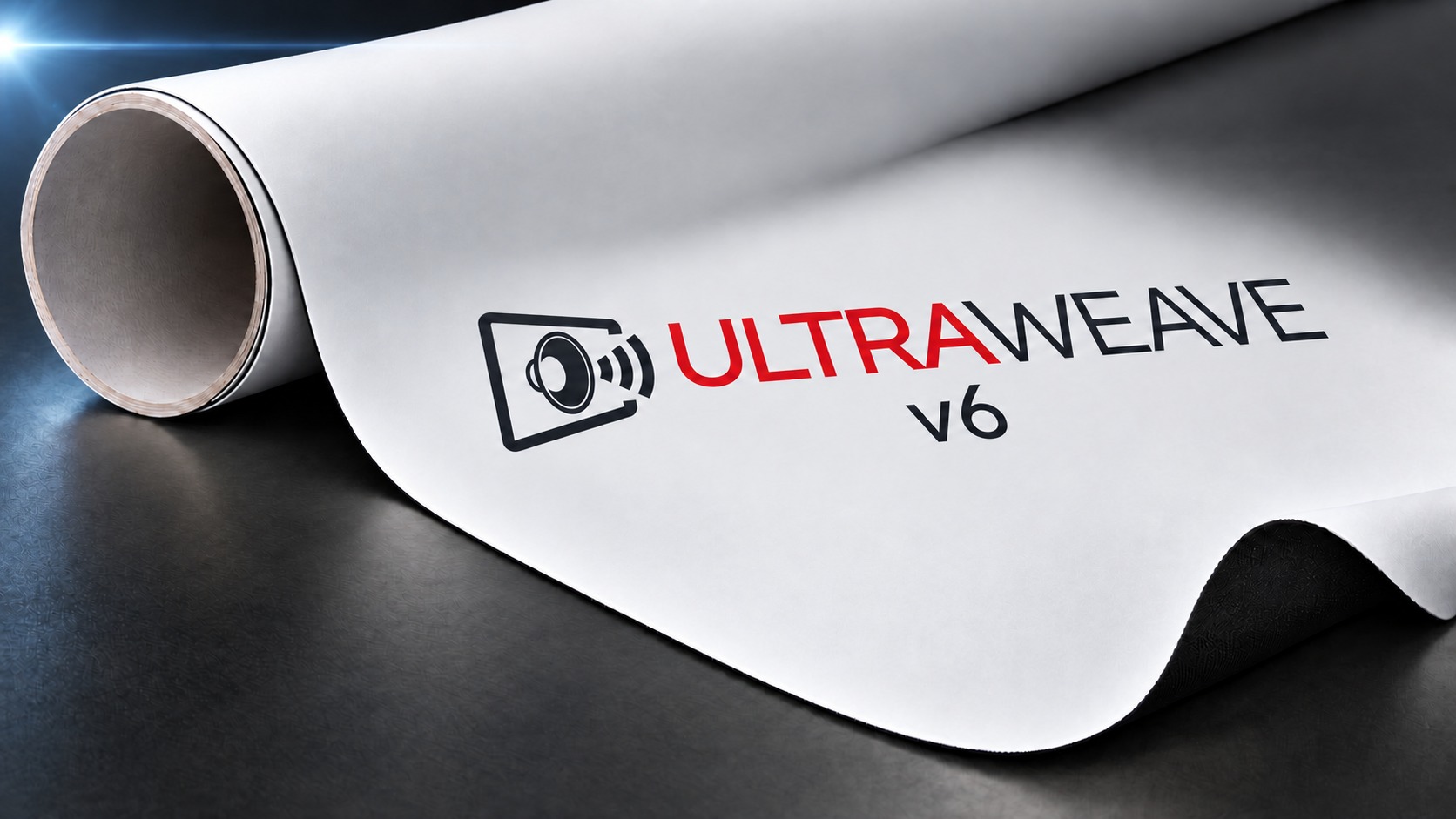 DreamScreen UltraWeave v6 med logo på hvit lerretsduk, sort bakside og diskret lens-flare