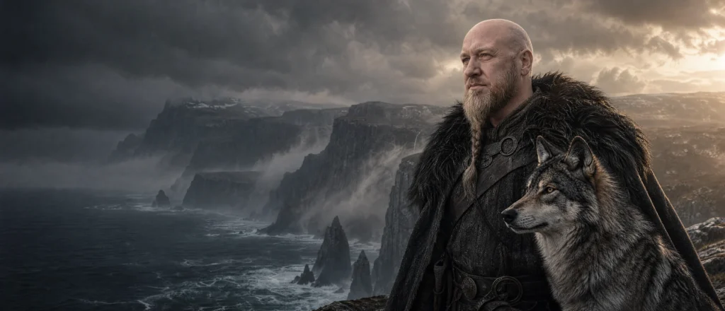 Bjørn Erik som viking sammen med ulven i et nordisk landskap