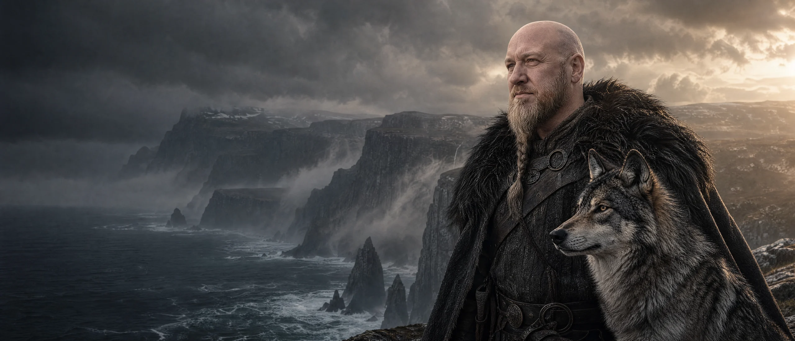 Bjørn Erik som viking sammen med ulven i et nordisk landskap